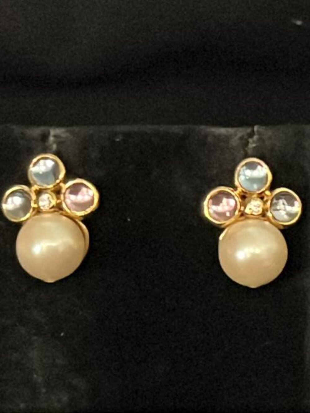12 mm Faux Pearl with Purple, Pink, Blue and Clear Stone Earrings